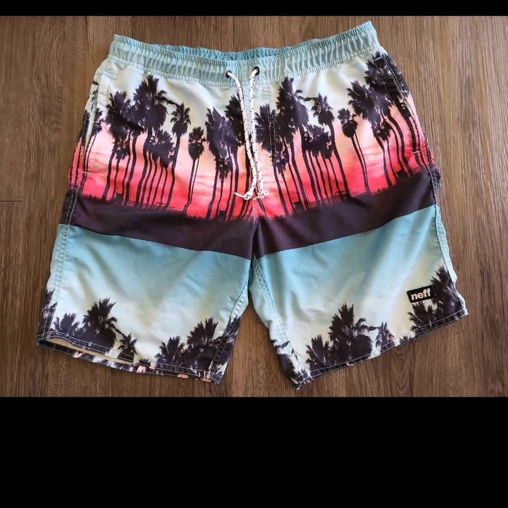 Neff Men's Swim Shorts, Size Medium, Inseam 8.5", Palm Trees, Surf